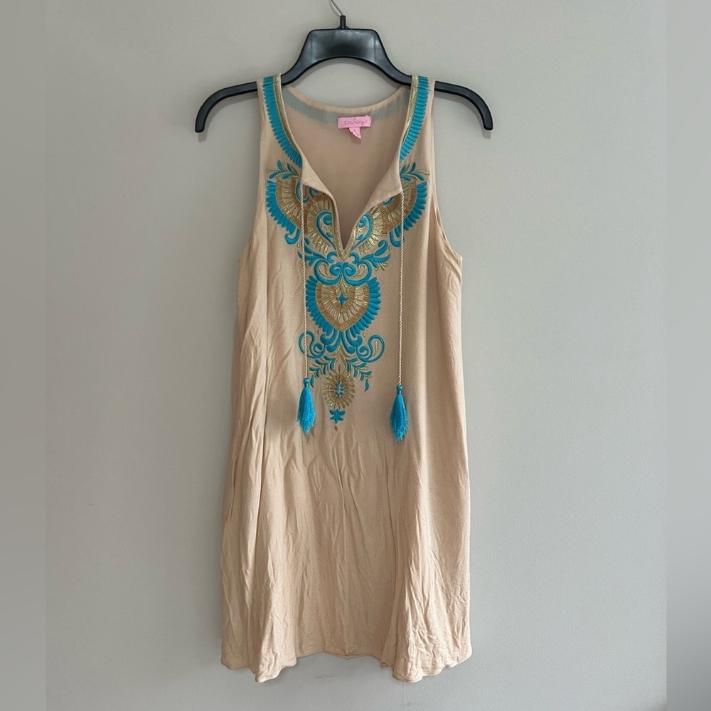 Lilly Pulitzer Aubra Embroidered Sleeveless Shift Dress, Tan Sand Dune, size S - Picture 2 of 9